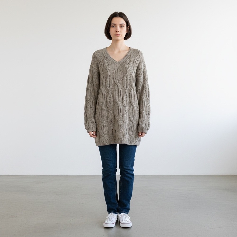 Grandpacore Cable Knit Sweater L Vintage 90s Tunic Oversized Ramie/Cotton  VNeck